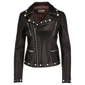 Gucci Lamb Leather Biker Zip Moto Pearl Studded Jacket Size 40 Black